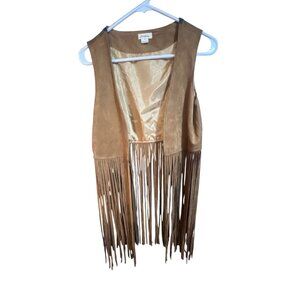 LoveRiche Womens Fringe‎ Suede Vest With Striped Back Design - Small